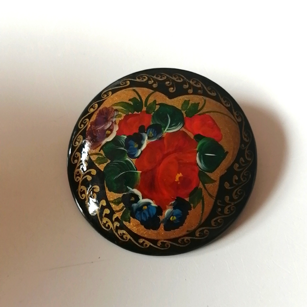 Vintage Traditional Russian Handpainted Lacquered Wooden Brooch